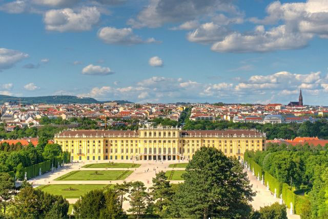 Schonbrunn Palace in Vienna from above with gardens