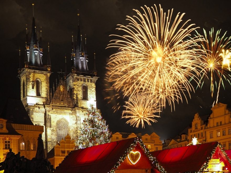 Prague Christmas market with fireworks