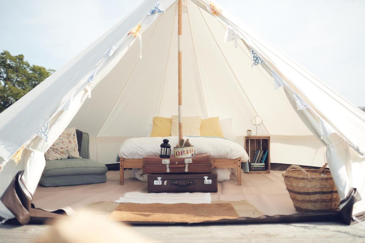 Looking into a bright bell tent in Elstree, near London