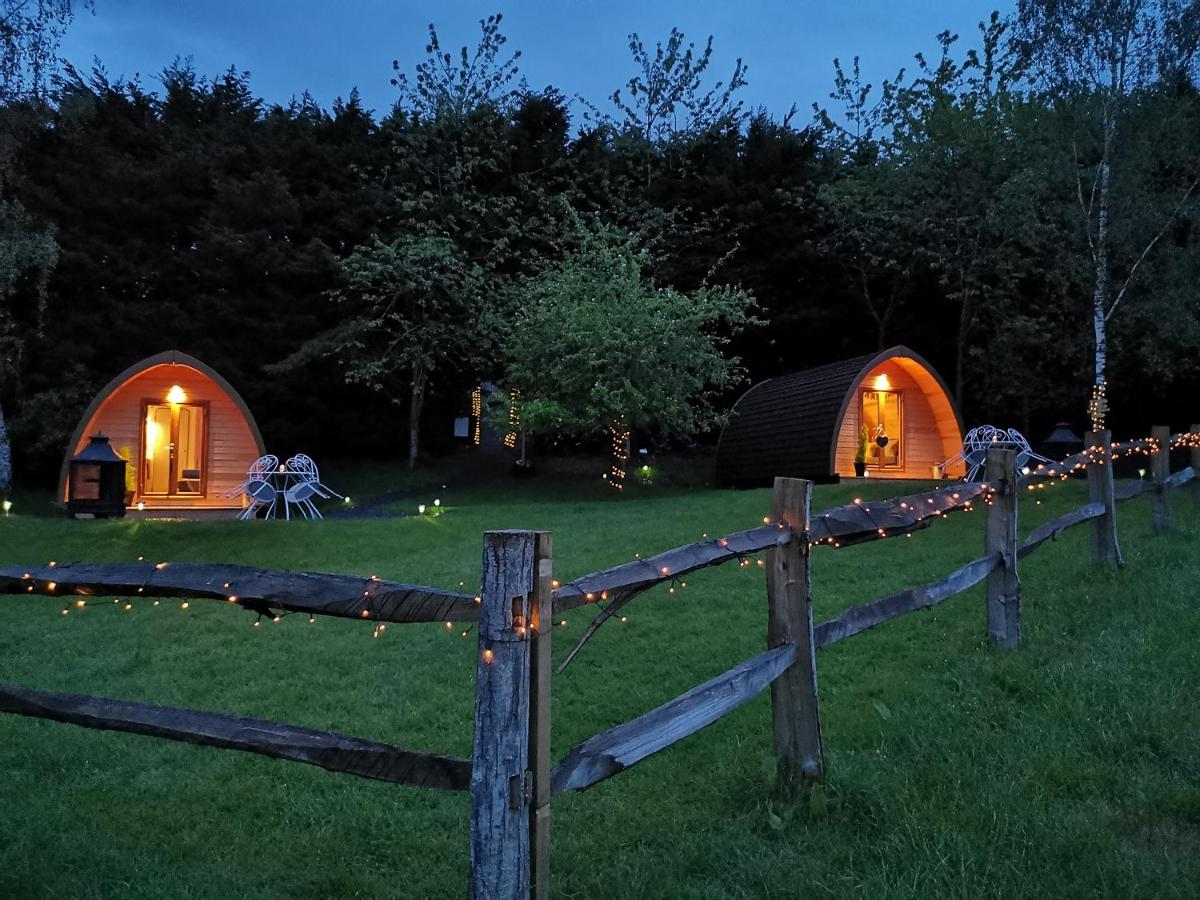 Two glamping pods at dusk at Honnington Farm in Newbury